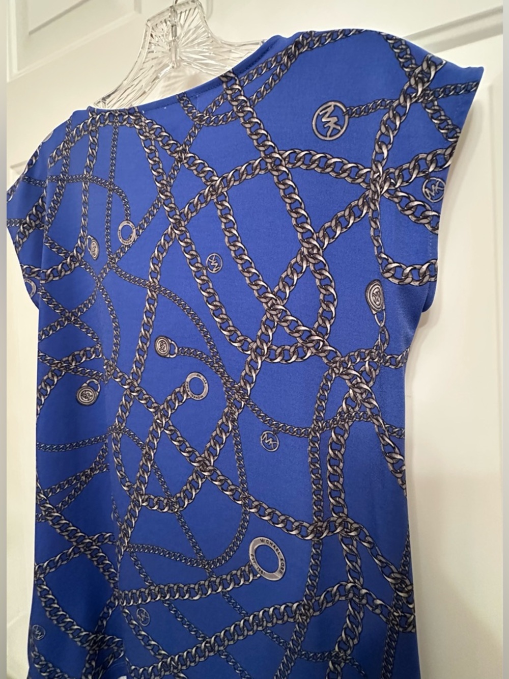 Michael Kors Blue Chain Print Cowl Neck Top - Cap Sleeve - Silver Zip Size S - Picture 7 of 8